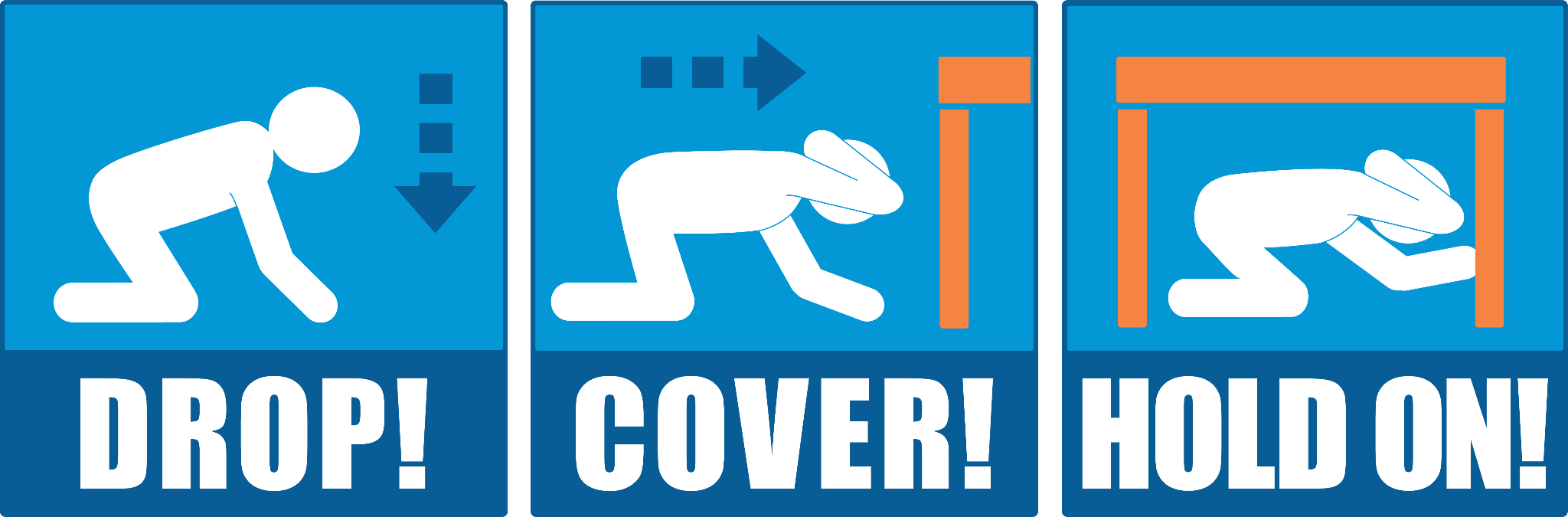 Three part graphic shows a figure dropping, finding cover under a table, and holding on.