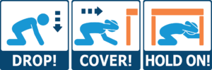 A diagram depicting how to drop, cover and hold during an earthquake.