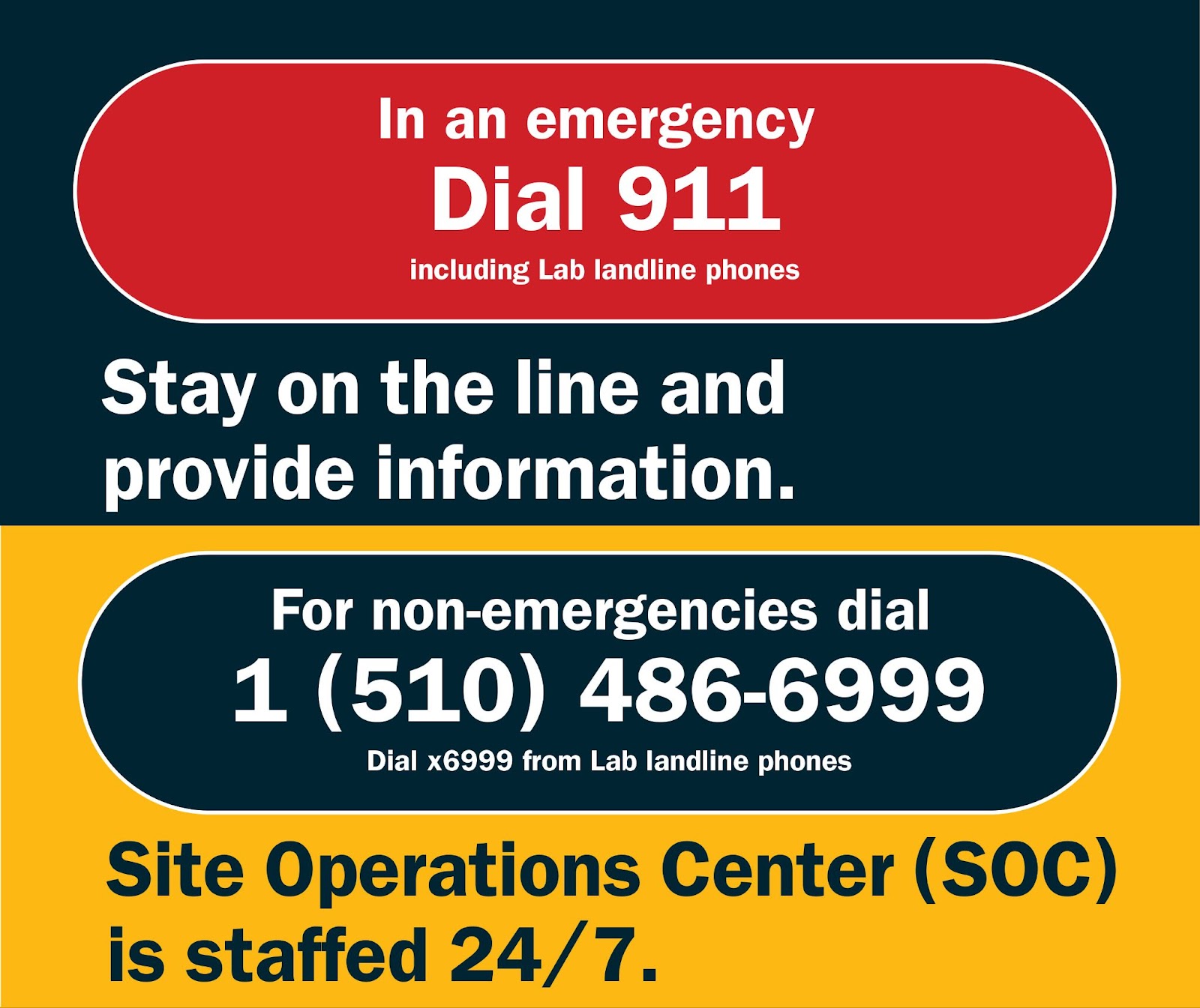 For a life-threatening emergency, call 9-1-1. For non-emergency situations, 
call the Site Operations Center at 1-510-486-6999